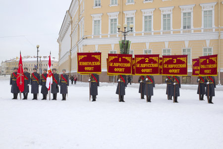 SAINT PETERSBURG, RUSSIA - JANUARY 24, 2019: Banner group with banners of the fronts of the great Patriotic war. General rehearsal of the military parade in honor of Day of the full lifting of the blockade of Leningradのeditorial素材