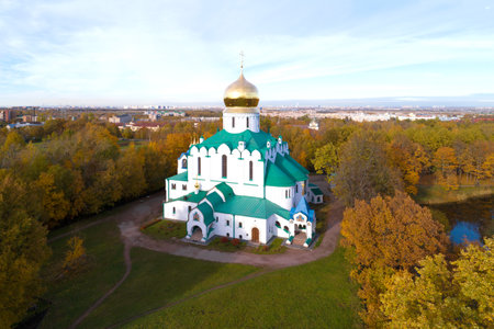 View of the Fedorovsky Cathedral in the golden autumn (shot from a quadcopter). Tsarskoye Selo, St. Petersburgのeditorial素材