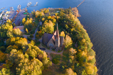 Aerial view of the church of Mary Magdalene in the golden autumn (aerial photography). Primorsk, Leningrad Regionのeditorial素材