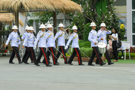 BANGKOK, THAILAND - JANUARY 03, 2019: The marching squad of royal guardsmen. Fragment of the divorce ceremony at Ananta Samakhom Throne Hullのeditorial素材