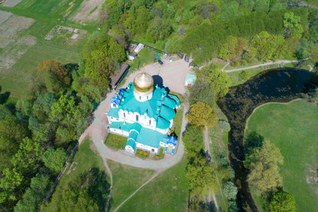 Aerial view of the Fedorovsky Cathedral on a sunny May day. Tsarskoye Selo, St. Petersburgのeditorial素材