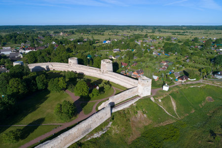 View of the towers of the Izborsk fortress on a sunny June day. Old Izborsk, Russiaのeditorial素材