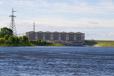View of the building of the Rybinsk hydroelectric station on a sunny July day. Rybinsk, Russiaのeditorial素材