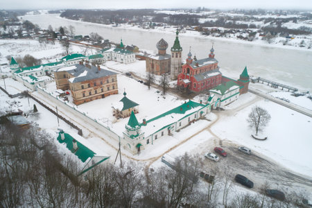 View of the Staraya Ladoga Nikolsky Monastery on a foggy February day (aerial photography). Staraya Ladoga, Russiaのeditorial素材