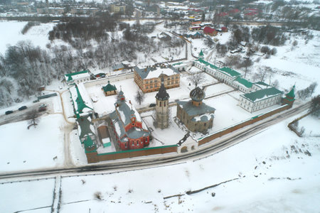 View of the Old Ladoga Nikolsky monastery in the cloudy February afternoon (aerial photographi). Old Ladoga, Russiaのeditorial素材
