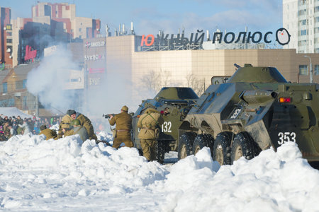 SAINT-PETERSBURG, RUSSIA - FEBRUARY 17, 2019: Fragment of the battle during the military-historical reconstruction in honor of the thirty years withdrawal of Soviet troops from Afghanistanのeditorial素材