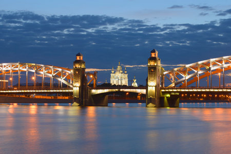 Bolsheokhtinsky bridge and Smolny Cathedral in the night landscape. Saint-Petersburg, Russiaのeditorial素材