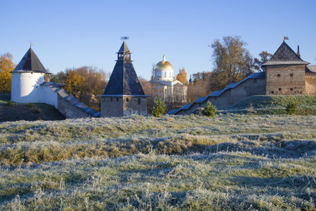 October frost near the walls of the Svyato-Uspensky Pskovo-Pechersky Monastery. Pechory, Russiaのeditorial素材