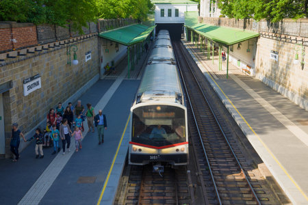 VIENNA, AUSTRIA - APRIL 25, 2018: The train of the line of the U4 subway at the Shtadtpark stationのeditorial素材
