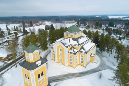 View of the largest wooden church in Finland on a March afternoon (shooting from a quadrocopter). Kerimyaki, Finlandのeditorial素材