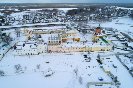 The TikhvinskyBogorodichniy Monastery on the March day (aerial survey). Tikhvin, Russiaのeditorial素材