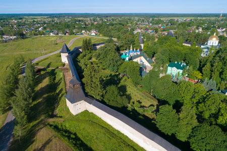 Above the Holy Dormition Pskovo-Pechersky Monastery on a sunny June day (aerial photography). Pechory, Russiaのeditorial素材