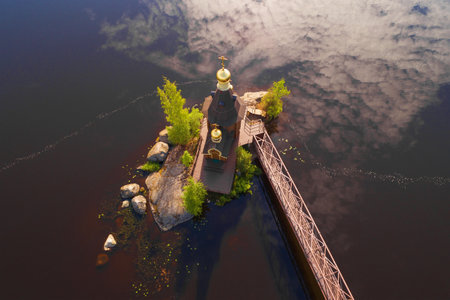 Aerial view of the Church of the Apostle Andrew the First-Called on the morning of June (aerial photography). Vasilyevo, Russiaのeditorial素材