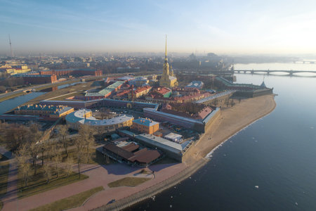 View of the Peter and Paul Fortress on a sunny April morning (aerial photography). Saint-Petersburg, Russiaのeditorial素材