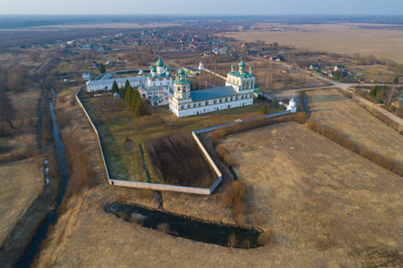 View of the Nikolo-Vyazhischsky monastery on April evening (aerial photography). Novgorod region, Russiaのeditorial素材