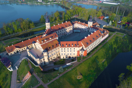 Nesvizh Castle close-up on a sunny April morning (aerial photography). Nesvizh, Belarusのeditorial素材