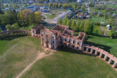 View from above on the ruins of the central building of the palace of the princes Sapeg on a sunny April day (shooting from a quadcopter). Ruzhany, Belarusのeditorial素材