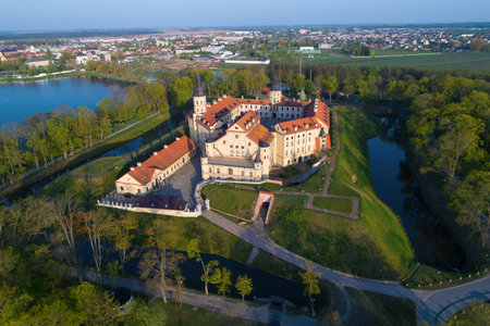 Nesvizh Castle in the May morning (aerial photography). Belarusのeditorial素材