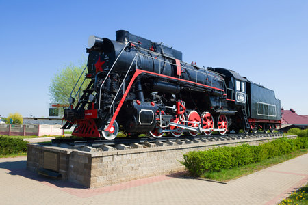 LIDA, BELARUS - APRIL 29, 2019: L-0563, steam locomotive-monument to military railway workers who...