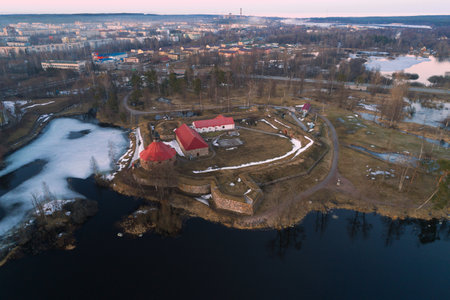 A view from the height of the ancient Korela fortress on an April evening (shooting from a quadrocopter). Priozersk, Russiaのeditorial素材