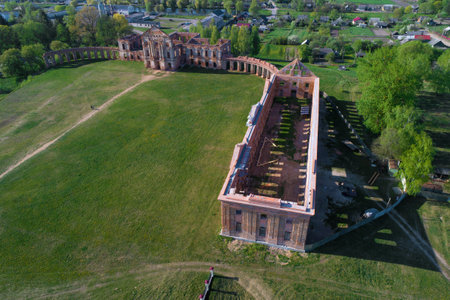 Above the ruins of the ancient palace of the princes Sapeg on a sunny April day (aerial...