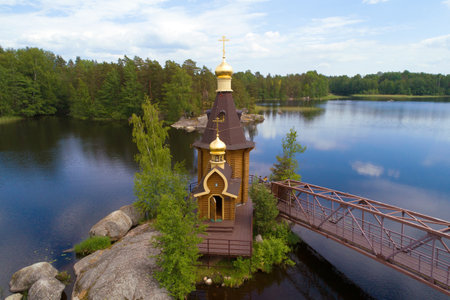 Church of the Apostle Andrew the First-Called on the Vuoksa River close-up on a June day (shooting from a quadrocopter). Leningrad region, Russiaのeditorial素材