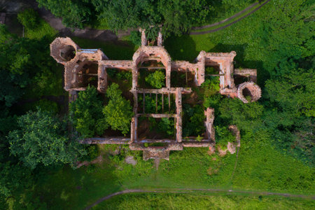 Top view of the ruins of the old house of barons Vrangel in Torosovo. Leningrad region, Russiaのeditorial素材