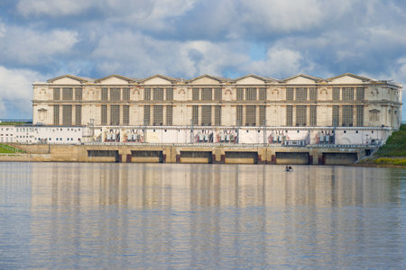 The building of the Rybinsk hydroelectric station close up on a sunny July day. Rybinsk, Russiaのeditorial素材