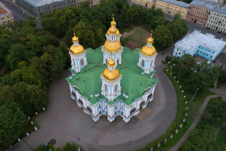 Top view of St. Nicholas Cathedral on a cloudy July morning (aerial photography). Saint-Petersburg, Russiaのeditorial素材