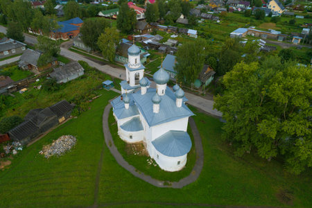 Top view of the ancient Church of the Nativity of the Blessed Virgin Mary on August morning (aerial photography). Kargopol, Russiaのeditorial素材