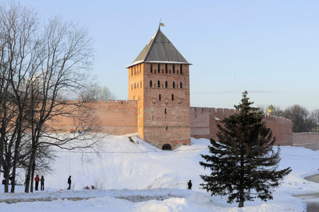 GREAT NOVGOROD, RUSSIA - MARCH 07, 2010: Palace tower of the Novgorod Kremlin in early springのeditorial素材