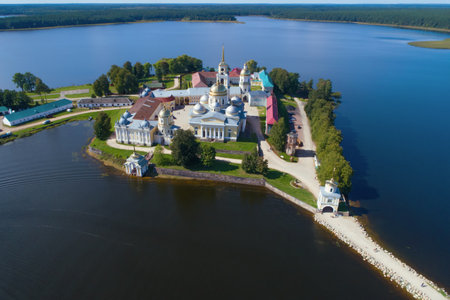 Top view of the Nilo-Stolobenskaya Monastery on a sunny August day (aerial photography). Tver region, Russiaのeditorial素材