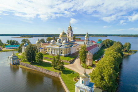 Monastery Nilo-Stolobensky Pustyn on a sunny August day (aerial photography). Tver region, Russia