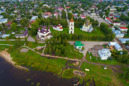 Cathedral Square with ancient Orthodox churches in the cityscape on august morning (aerial photography). Kargopol, Russiaのeditorial素材