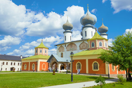TIKHVIN, RUSSIA - JULY 12, 2018: Ancient Assumption Cathedral on a sunny July day. Tikhvinsky Assumption Monasteryのeditorial素材