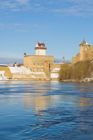 View of Narva Castle on a sunny March day. Estoniaのeditorial素材