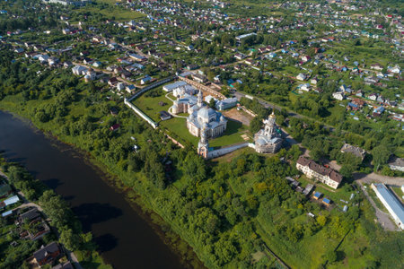 View from a great height of the old Borisoglebsky Monastery on a July day. Torzhok, Russia