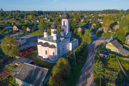 View of the Holy Trinity Church on a sunny August morning (aerial photography). Kresttsy. Novgorod...