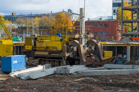 ST.PETERSBURG, RUSSIA - OCTOBER 05, 2019: Machine for the installation of piles USV-160 on a construction site on an autumn dayのeditorial素材