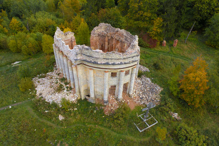 Top view of the ruins of the ancient Trinity Church in a September afternoon (aerial photography)....
