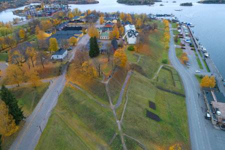 View from the heights of the ancient fortress of Lappeenranta on an October day (aerial photography). Finlandのeditorial素材