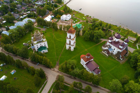 Top view of Cathedral Square on an August morning. Kargopol. Arkhangelsk region, Russia