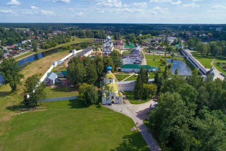 View of the Tikhvin Virgin Assumption Monastery on a sunny July day (aerial photography). Russiaのeditorial素材