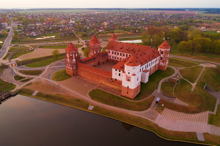View of Mir Castle on an April evening (shooting from a quadrocopter). Mir, Belarusのeditorial素材