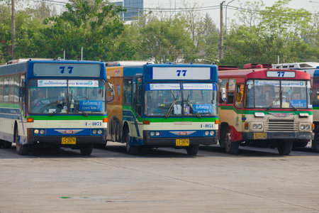 BANGKOK, THAILAND - DECEMBER 26, 2018: City buses of the 77th route at the final Ð¸Ð³Ñ‹ stop...