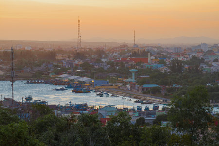 The town of Phan Thiet is in the sunset. Vietnamのeditorial素材