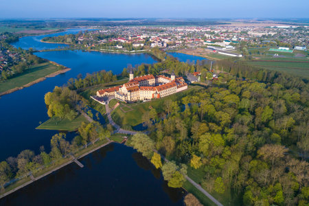 View of the old Nesvizh castle on a May morning (aerial photography). Belarusのeditorial素材