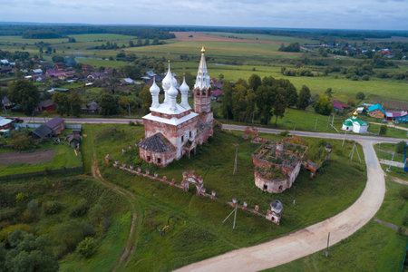 View of the Intercession Church on a cloudy September day (aerial photography). Dunilovo. Ivanovo region, Russiaのeditorial素材