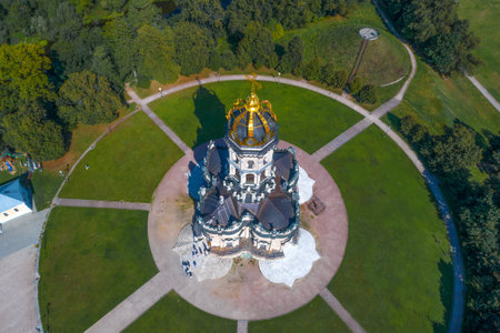 Top view of the Znamenskaya Church on a sunny August day (shooting from a quadrocopter). Podolsk, Russiaのeditorial素材