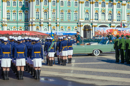 ST. PETERSBURG, RUSSIA - MAY 06, 2018: Fragment of a rehearsal of the military parade in honor of Victory Day on Palace Squareのeditorial素材